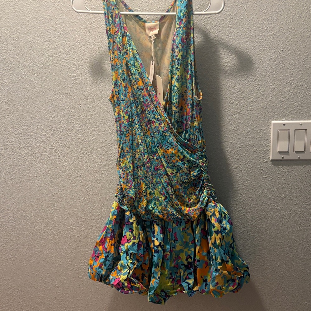 Plenty by Tracy Reese Turquoise Multicolor Floral Surplice Mini Dress
